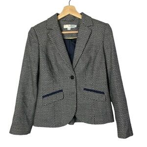 Boden Petite Navy Blue & White Square Printed Two Button Close Blazer Jacket 6P